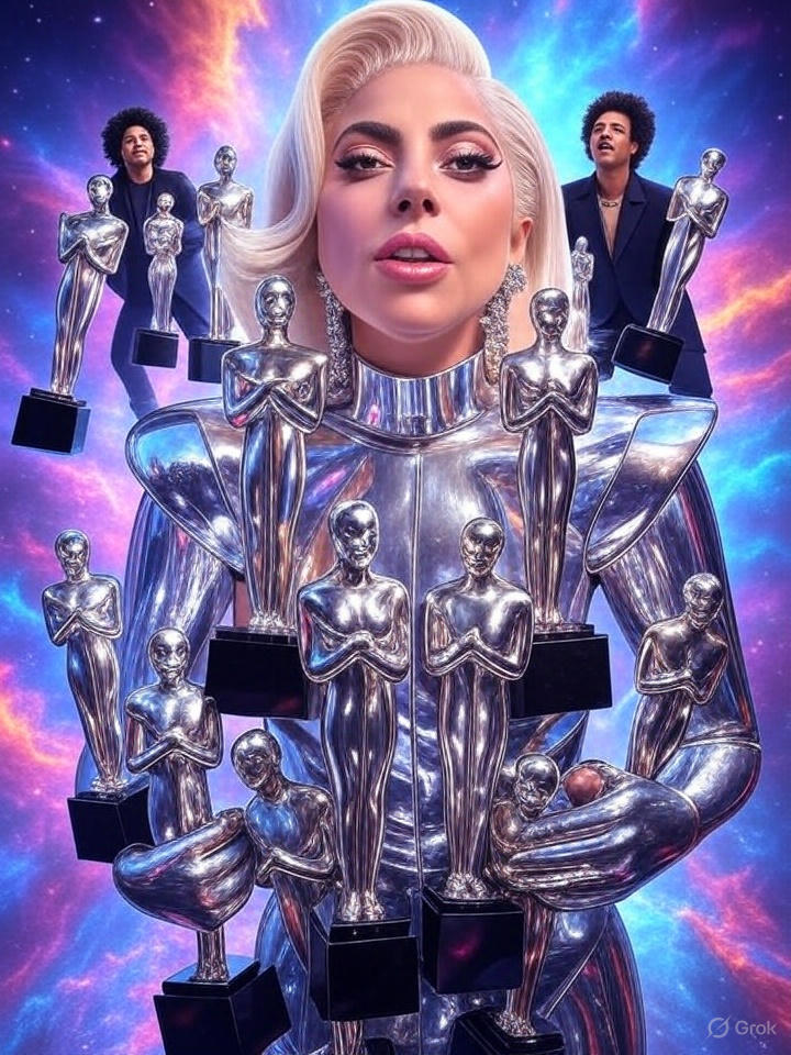 Floating red carpet in space, Lady Gaga in a flamboyant futuristic outfit holding 12 glowing trophies, Bruno Mars and Kendrick Lamar flying toward her, colorful cosmic background