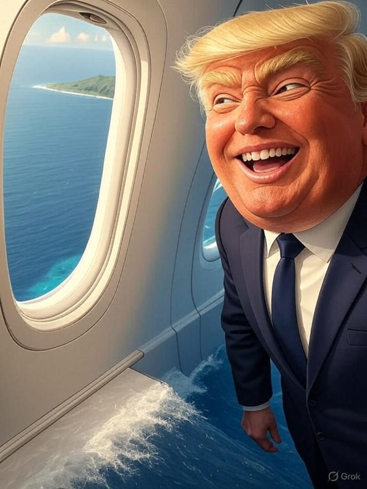 Meme of Donald Trump going to Epstein's island in his airplane his head pops out with a big fat smile with excitement looking at the Island from the sky