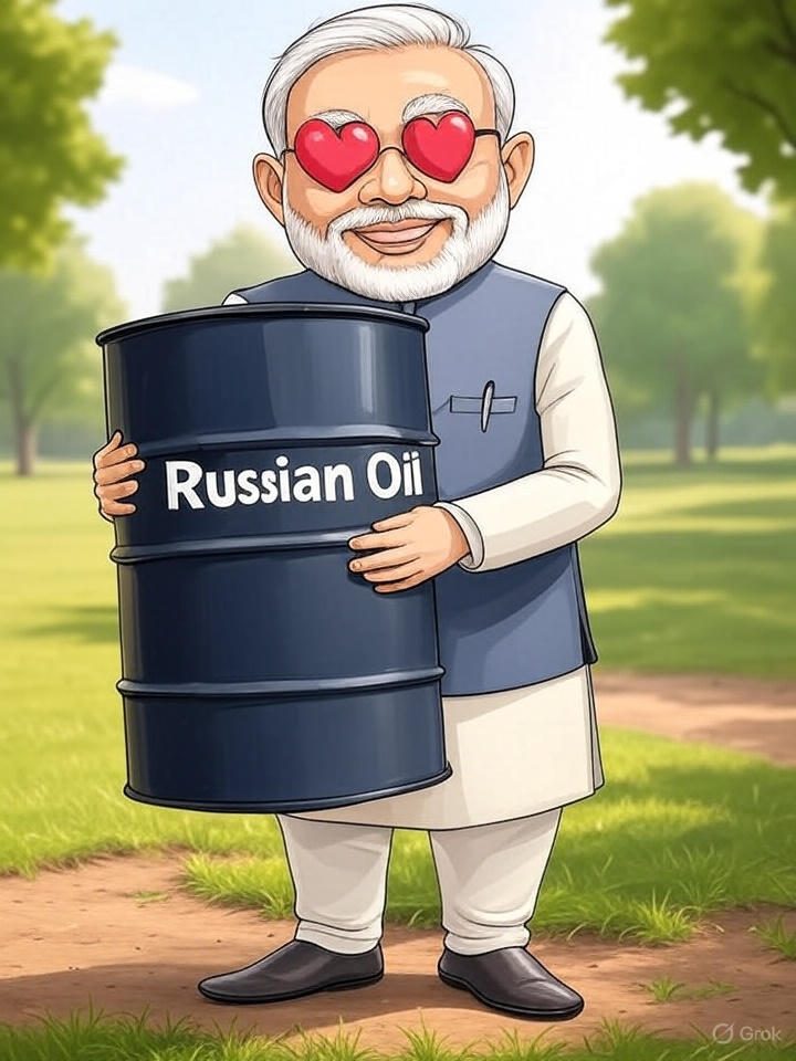 A playful cartoon where Narendra Modi, wearing heart-shaped sunglasses and a big grin, hugs a giant barrel labeled 'Russian Oil' like it’s his new best friend