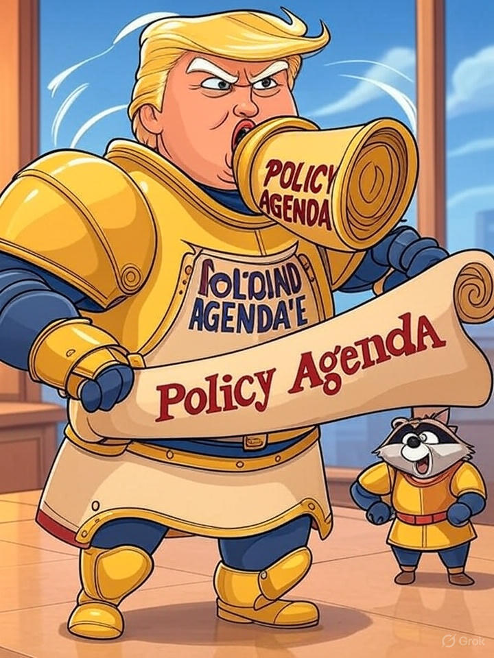 Donald Trump as a cartoon knight in golden armor, holding a giant scroll labeled ‘Policy Agenda’, standing firm against a comical windstorm trying to blow it away