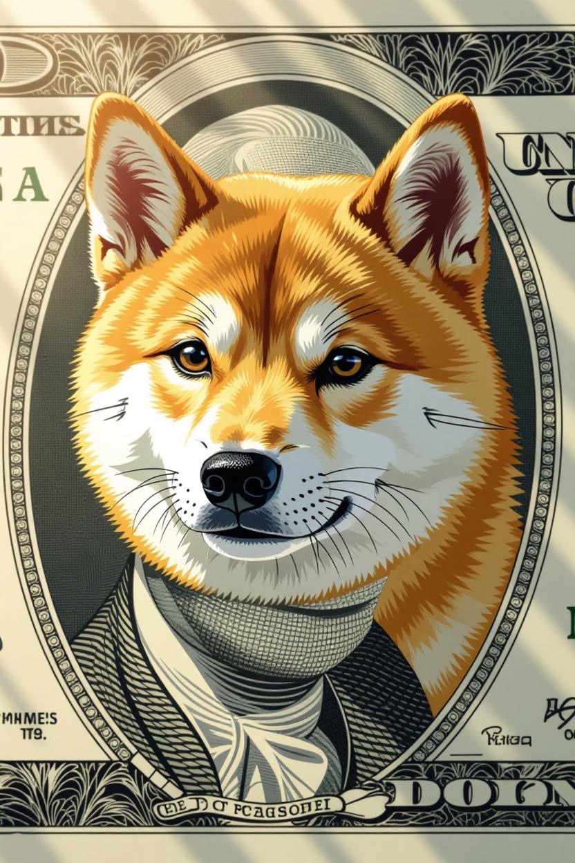 Dynamic, three-quarter-angle composition of a Shiba Inu with a sleek, tan-and-white coat as the face of the dollar bill