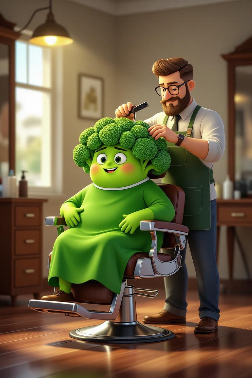 Cartoon style, a plump, emerald-colored living broccoli sitting in a barber’s chair getting a haircut by a focused human barber with glasses