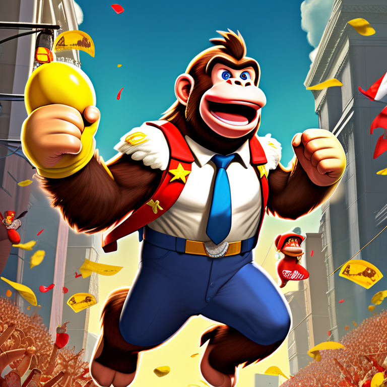 Donkey Kong running for president, campaign posters and cheering banana crowd
