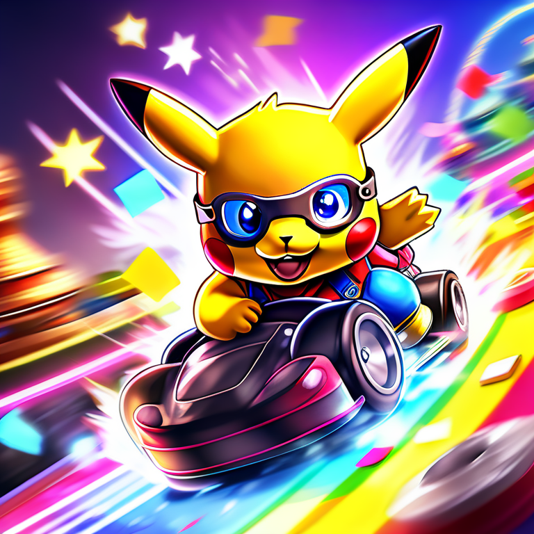 Pikachu racing in a high-speed Mario Kart-style race, wearing racing goggles and a lightning bolt-themed kart, drifting around a colorful Rainbow Road track with sparks flying