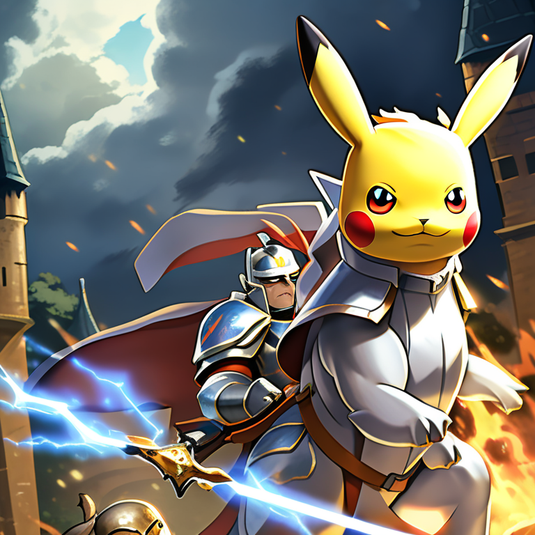 Pikachu as a medieval knight in shining armor, wielding a tiny thunder-shaped sword and riding a gallant Rapidash into battle, storming a castle guarded by Charizard dragons