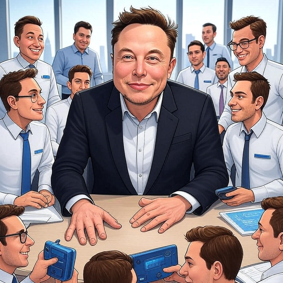 Funny meme of Elon working with his xAI team in cartoonish style
