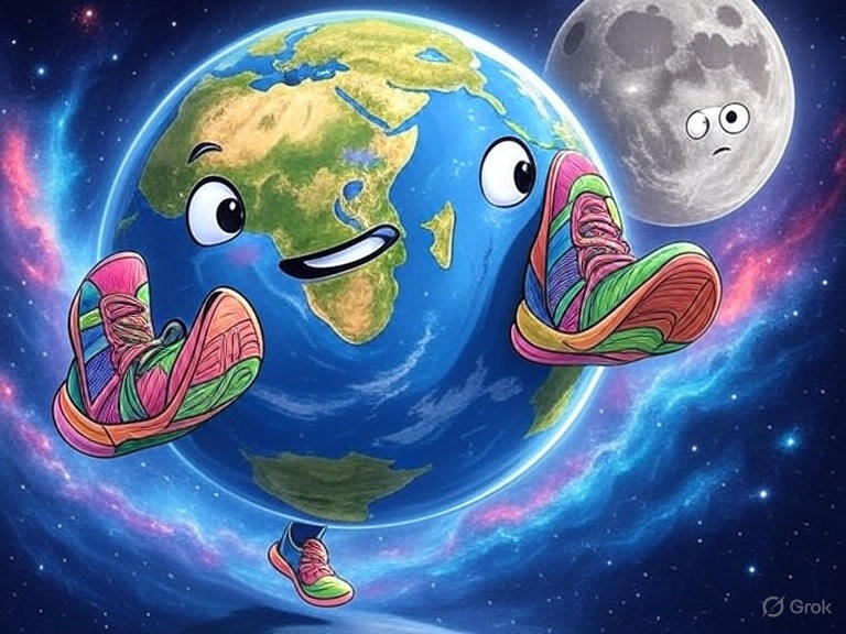 A cartoon Earth with running shoes, sprinting through space past the Moon, with motion blur, vibrant colors, playful style, 8K detail