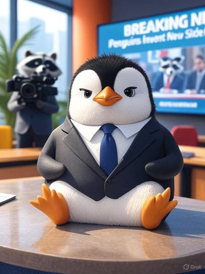 Cute penguin news anchor at a desk, raccoon cameraman, colorful newsroom, breaking news headline on screen
