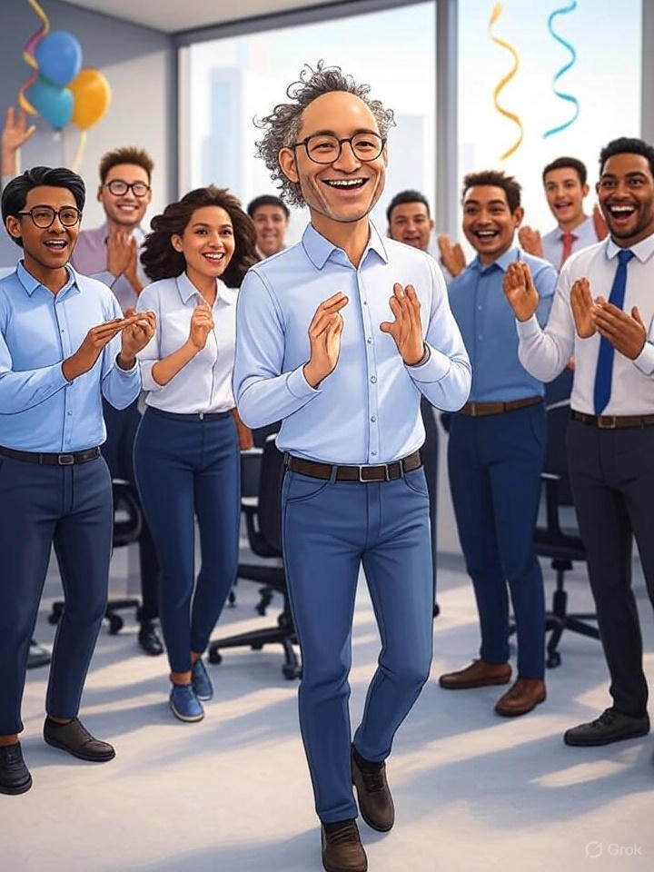 A lively cartoon where the Palantir team, led by a jubilant Alex Karp with wild hair and a cape labeled 'Earnings Hero,' throws a victory party in a high-tech office