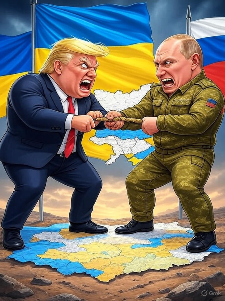 Create a wild cartoon where Donald Trump and Vladimir Putin are locked in a hilarious tug-of-war
