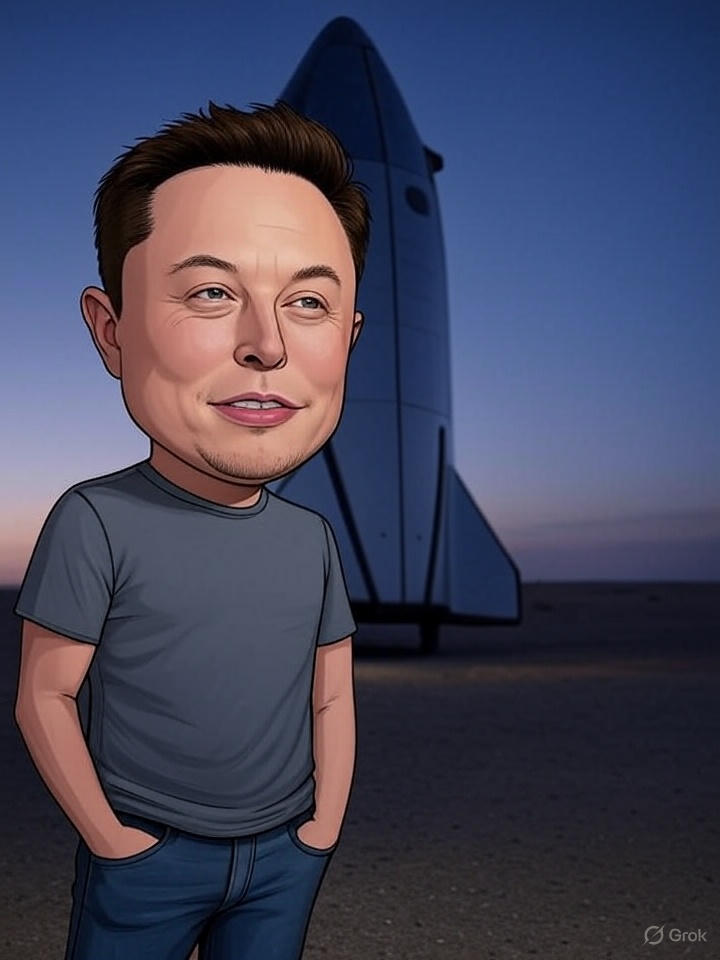 A cartoon style illustration of a big headed Elon Musk standing by his Starship.